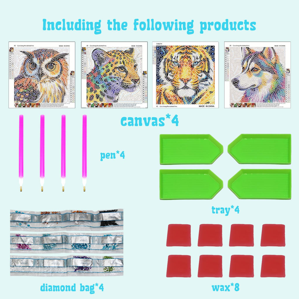 Libfx Diamond Art Kits for Kids 4-Pack – Tiger, Leopard, Owl, Dog Designs – Beginner-Friendly Craft for Ages 8-12