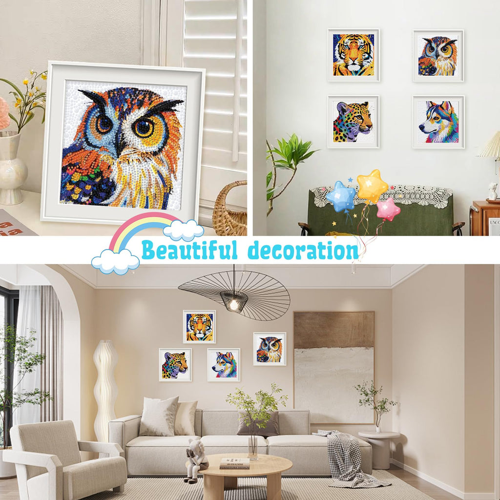Libfx Diamond Art Kits for Kids 4-Pack – Tiger, Leopard, Owl, Dog Designs – Beginner-Friendly Craft for Ages 8-12