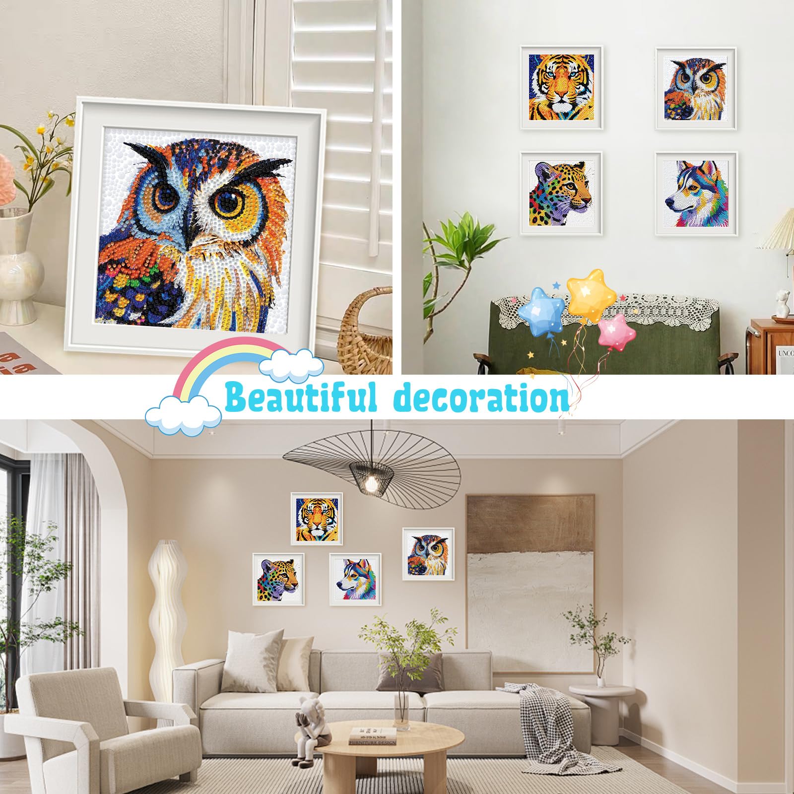 Libfx Diamond Art Kits for Kids 4-Pack – Tiger, Leopard, Owl, Dog Designs – Beginner-Friendly Craft for Ages 8-12