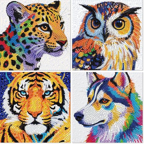 Libfx Diamond Art Kits for Kids 4-Pack – Tiger, Leopard, Owl, Dog Designs – Beginner-Friendly Craft for Ages 8-12