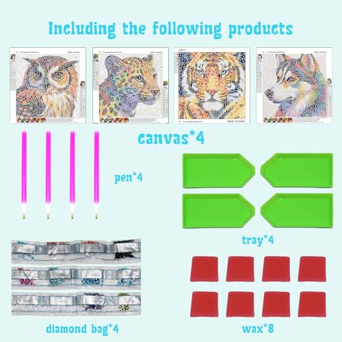 Libfx Diamond Art Kits for Kids 4-Pack – Tiger, Leopard, Owl, Dog Designs – Beginner-Friendly Craft for Ages 8-12