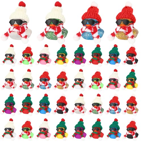 Libima 12 Christmas Rubber Ducks with Mini Hats, Scarves, Sunglasses – Glitter Bath Toys & Car Decor