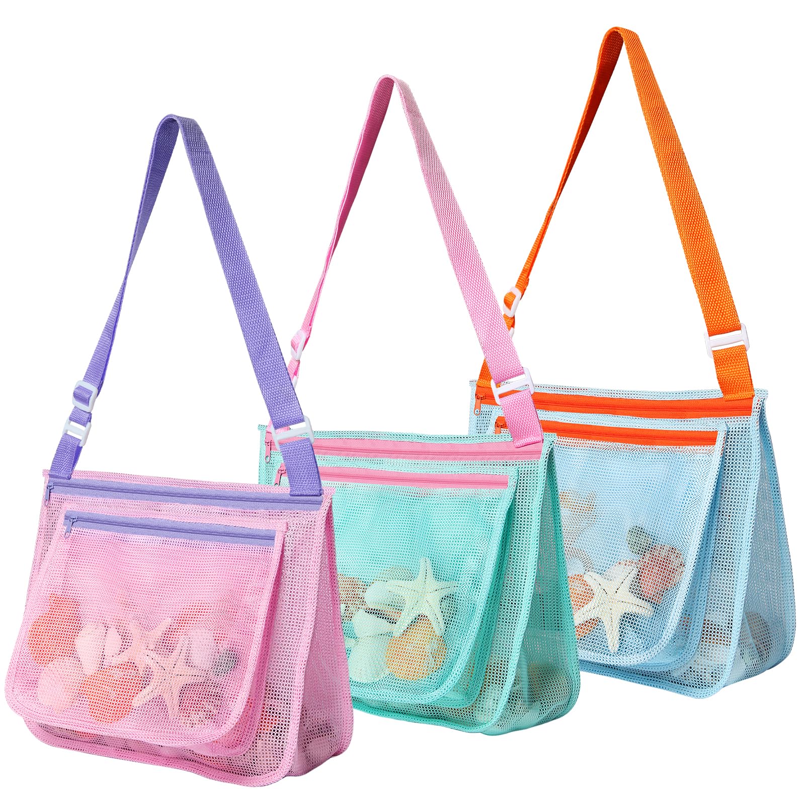 LIDAGO 3-Pack Kids Mesh Beach Bags with Adjustable Straps - Shell Collecting and Toy Storage