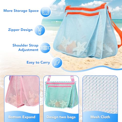 LIDAGO 3-Pack Kids Mesh Beach Bags with Adjustable Straps - Shell Collecting and Toy Storage