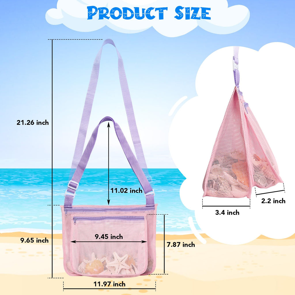 LIDAGO 3-Pack Kids Mesh Beach Bags with Adjustable Straps - Shell Collecting and Toy Storage