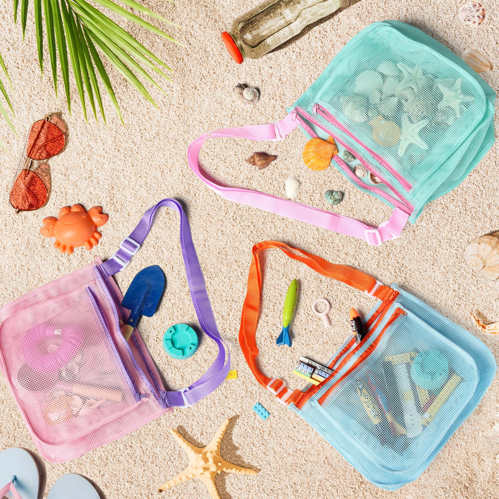 LIDAGO 3-Pack Kids Mesh Beach Bags with Adjustable Straps - Shell Collecting and Toy Storage