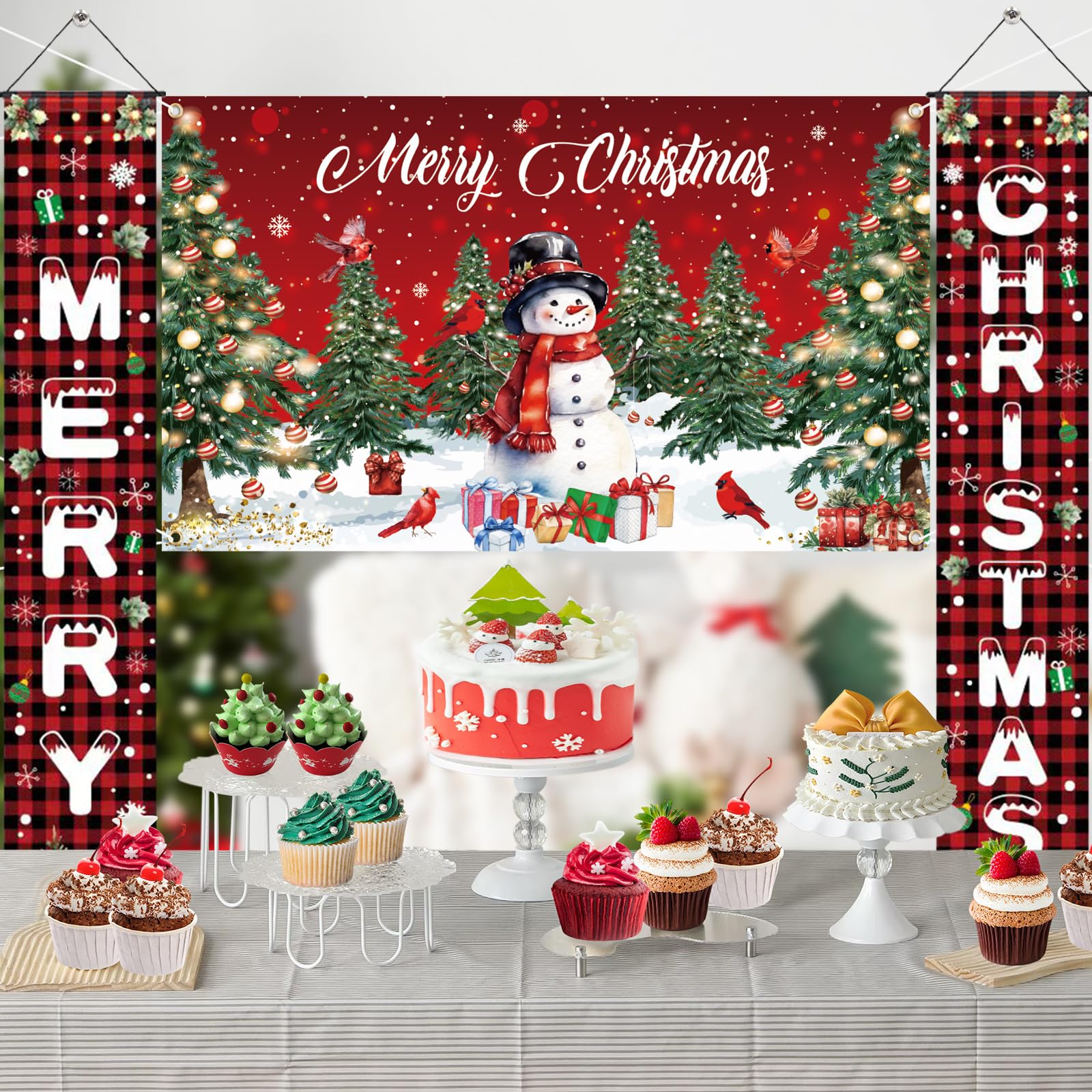 LifeisLuck 3-Piece Christmas Banner Set: 71"x43" Backdrop & 2 Porch Signs with Ribbon, Indoor/Outdoor Decor