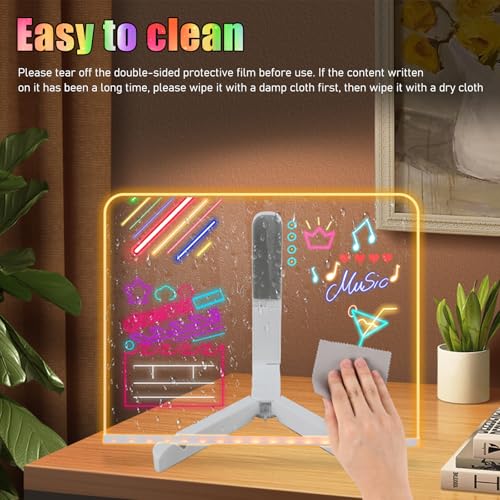 Light Up Acrylic Message Board – LED Dry Erase Board with Color Pens, 5.9 x 5.9 inches, USB Powered for Home Office or School
