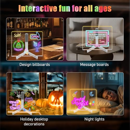 Light Up Acrylic Message Board – LED Dry Erase Board with Color Pens, 5.9 x 5.9 inches, USB Powered for Home Office or School