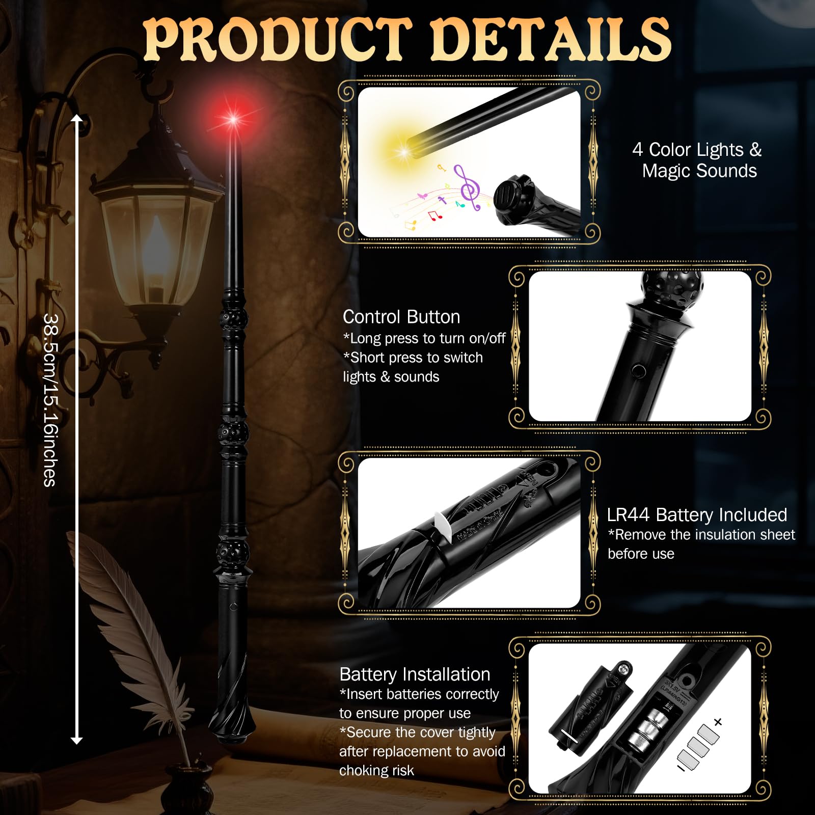 Light-Up Magic Wizard Wand Set - 2 Black Wands with Sounds & 4 Color Lights for Kids Cosplay
