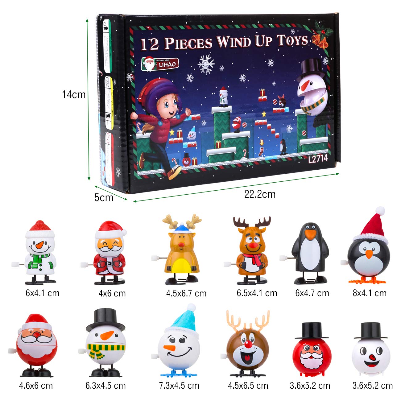 LIHAO 12-Pack Christmas Wind Up Toys – Assorted Santa, Reindeer, Snowman & Penguin Clockwork Toys for Party Favors and Stocking Stuffers