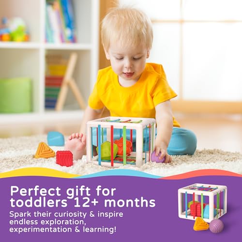 LiKee Shape Sorter Activity Cube for 1-Year-Olds - Multi Sensory Blocks with Textures, Fine Motor Skills Toy
