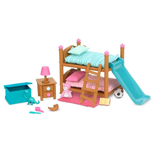 Li'l Woodzeez Bunk Beds Playset – 18-Piece Miniature Bedroom Set with Slide, Ladder, and Toys for Ages 3+