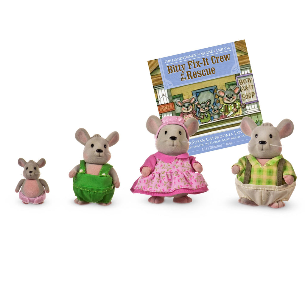 Li'l Woodzeez Handydandy Mice Family Set – 4 Mouse Figures with Storybook for Imaginative Play