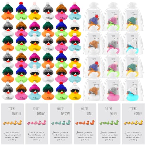 Liliful 12 Pack Mini Rubber Ducks with Sunglasses - Employee Appreciation Gifts with 'You Are Awesome' Cards - Colorful Bulk Set for Coworkers