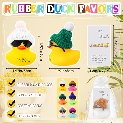 Liliful 12 Pack Mini Rubber Ducks with Sunglasses - Employee Appreciation Gifts with 'You Are Awesome' Cards - Colorful Bulk Set for Coworkers