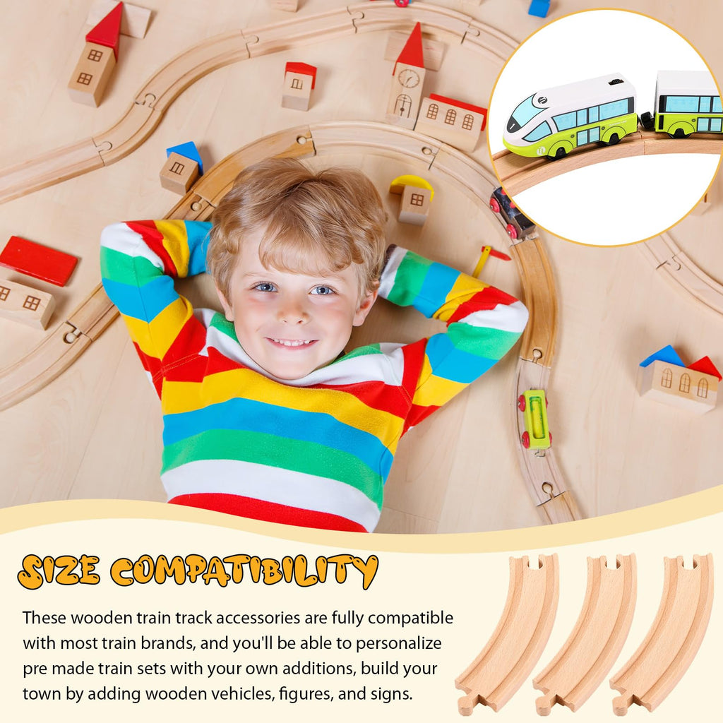 Liliful 8-Piece Curved Wooden Train Track Expansion – Compatible with Most Brands, Forms a Circle
