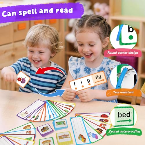 LilLaufy Phonics Flash Cards for Kids – CVC Word Games, Learn to Read & Spell, Preschool Kindergarten Learning Activities