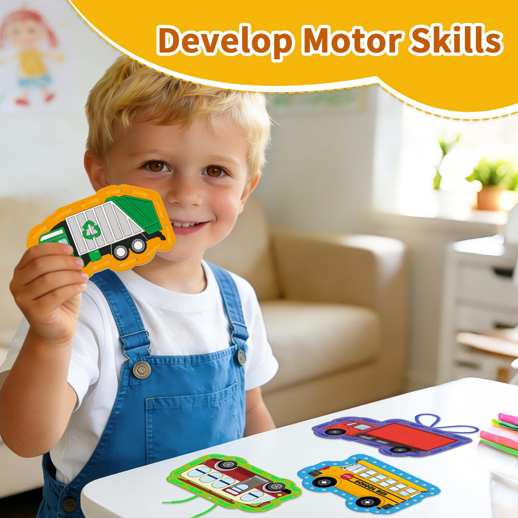 LilLaufy Vehicle Lacing Cards - Double-Sided Toddler Sewing Kit for Fine Motor Skills, Shoe Tying Practice & Preschool Learning