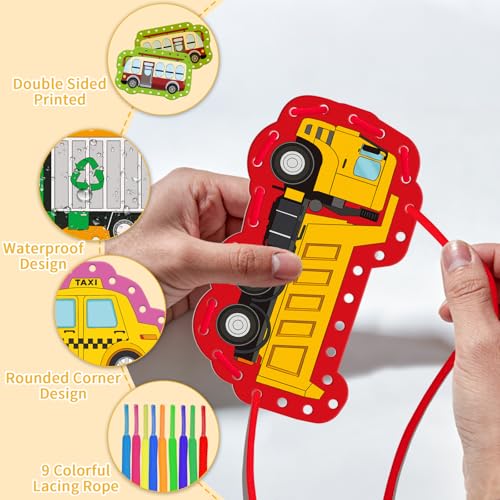 LilLaufy Vehicle Lacing Cards - Double-Sided Toddler Sewing Kit for Fine Motor Skills, Shoe Tying Practice & Preschool Learning