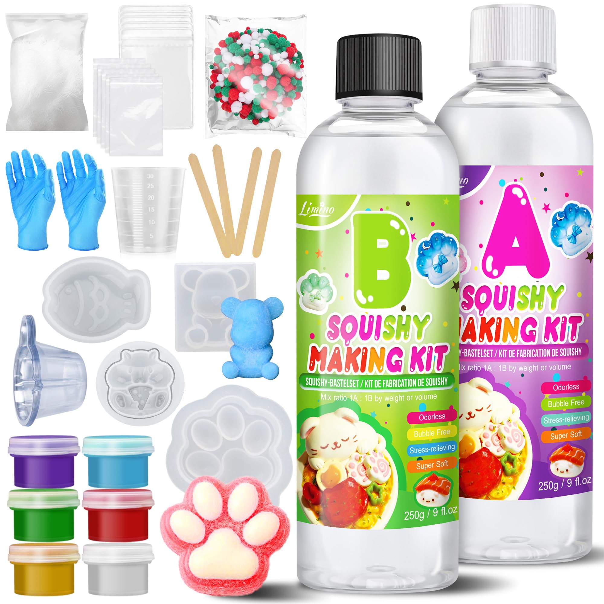 Limino Liquid Silicone Squishy Kit – 500g (18oz) Super Soft Silicone Rubber with 4 Molds for DIY Stress Relief Toys