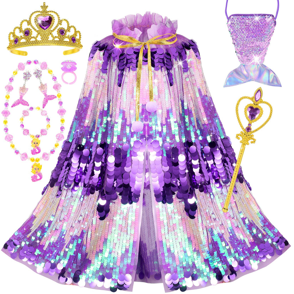 LIMIROLER Mermaid Dress Up Cape Kit – 9-Piece Princess Costume Set for Girls Ages 3-8