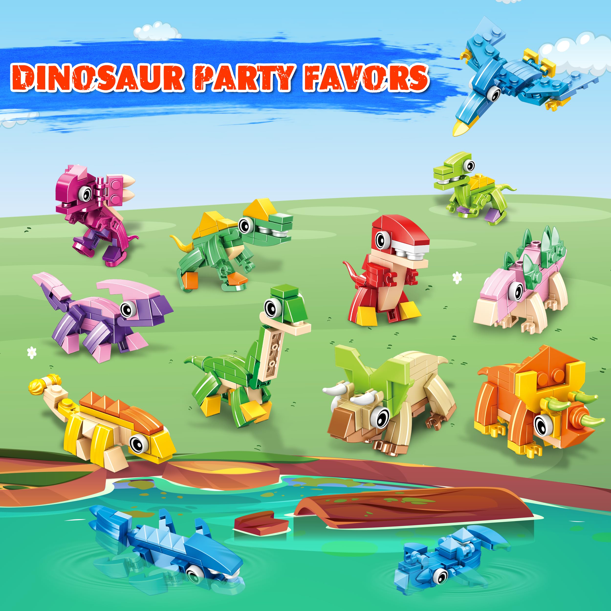 LINAYE 417-Piece Dinosaur Building Blocks Party Favors (12-Pack) for Kids Ages 6-12