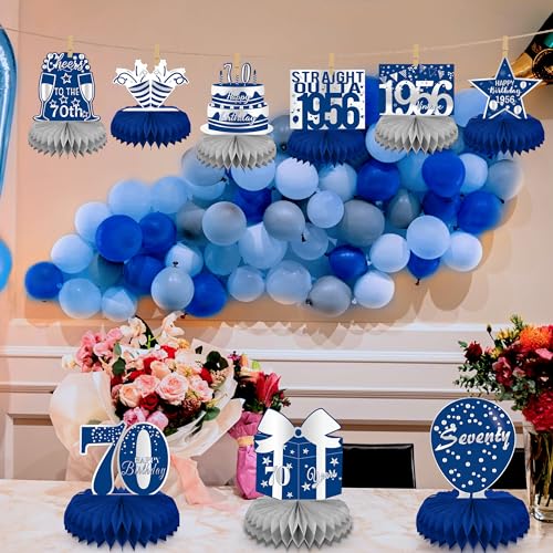 LINAYE 70th Birthday Honeycomb Centerpieces – Blue & Silver Set of 9 for Men