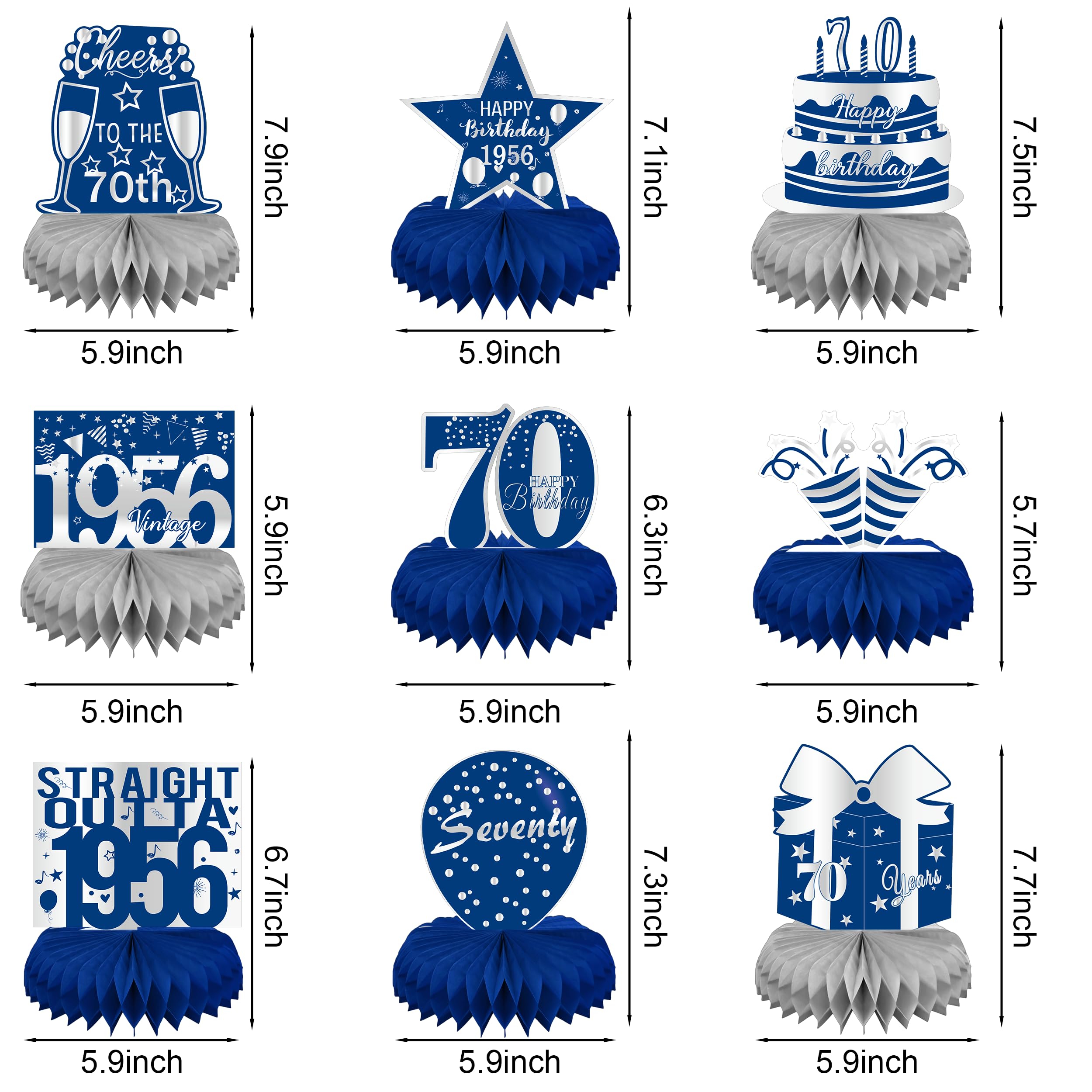 LINAYE 70th Birthday Honeycomb Centerpieces – Blue & Silver Set of 9 for Men