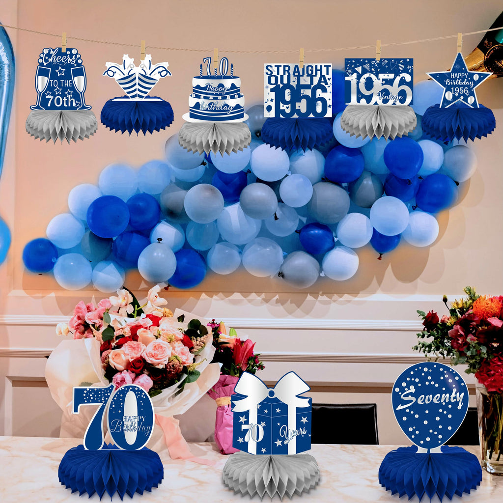 LINAYE 70th Birthday Honeycomb Centerpieces – Blue & Silver Set of 9 for Men