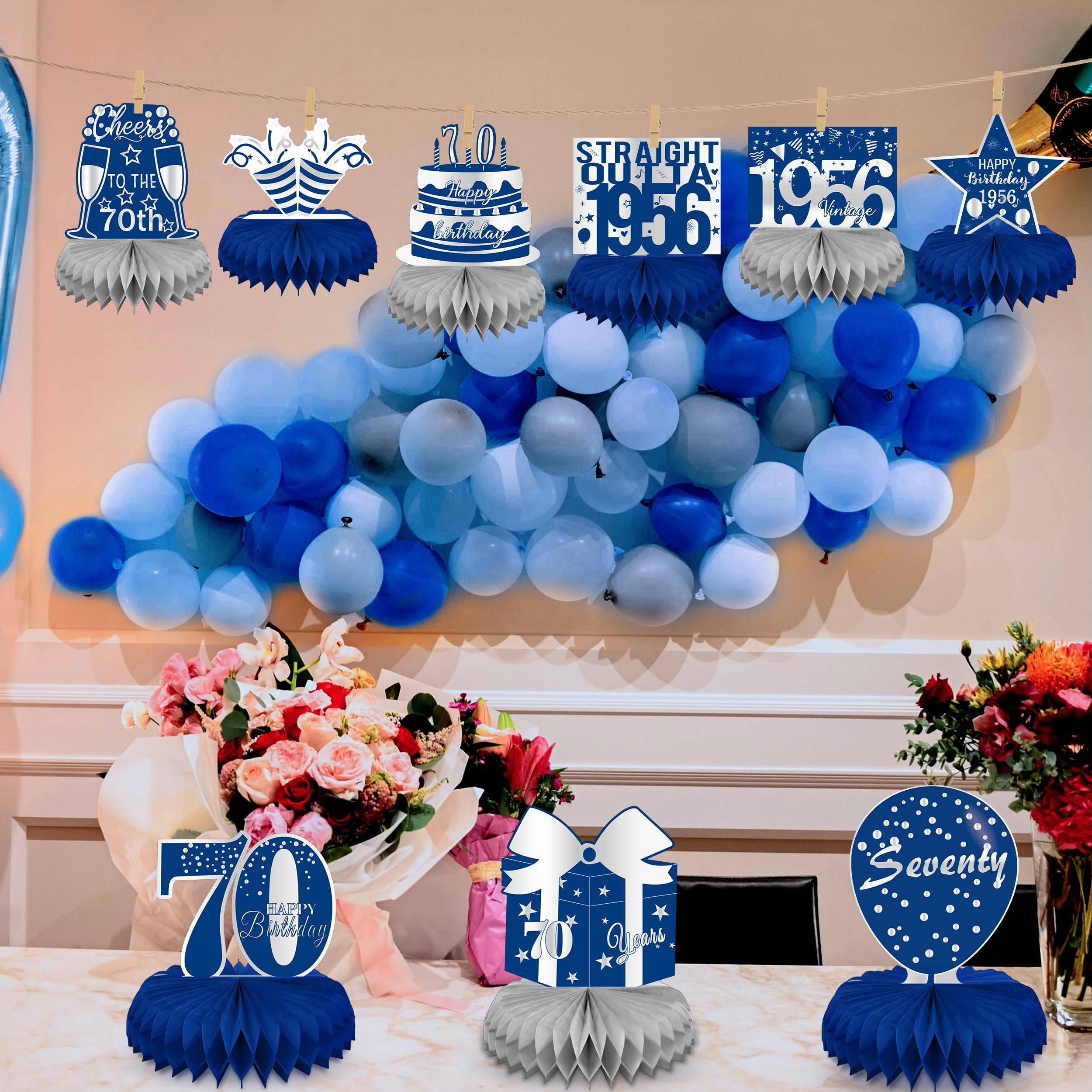LINAYE 70th Birthday Honeycomb Centerpieces – Blue & Silver Set of 9 for Men