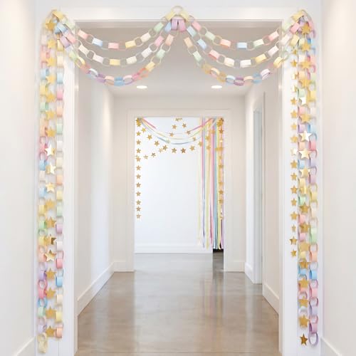 Lincia 600 Sheet Macaron Paper Chain Strips 1x8 Inches with Double-Sided Tape for DIY Party Garland