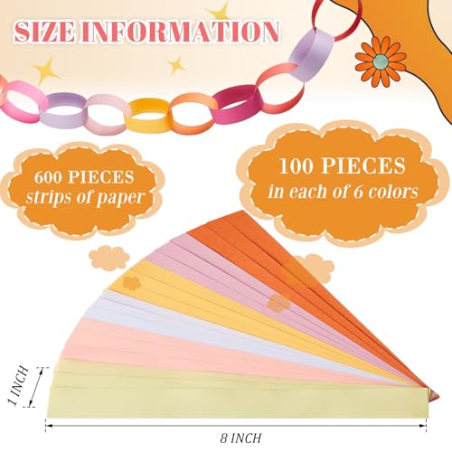 Lincia 600 Sheet Paper Chain Garland Strips with Double-Sided Tape – 1x8 Inch DIY Construction Paper for Party Decorations (Groovy)