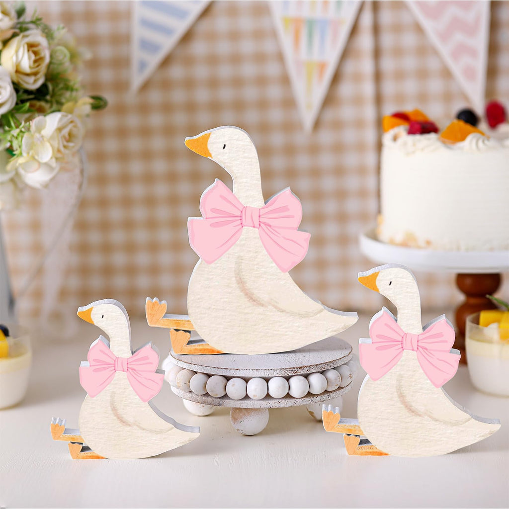 Lineshading 3-Piece Silly Goose Party Decor Set - Pink Bow Wooden Geese for Baby Shower, Birthday, Centerpiece, Desk Tray (5.9, 4.7, 3.9 Inches)