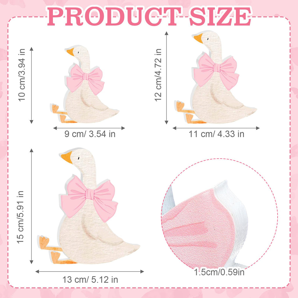 Lineshading 3-Piece Silly Goose Party Decor Set - Pink Bow Wooden Geese for Baby Shower, Birthday, Centerpiece, Desk Tray (5.9, 4.7, 3.9 Inches)