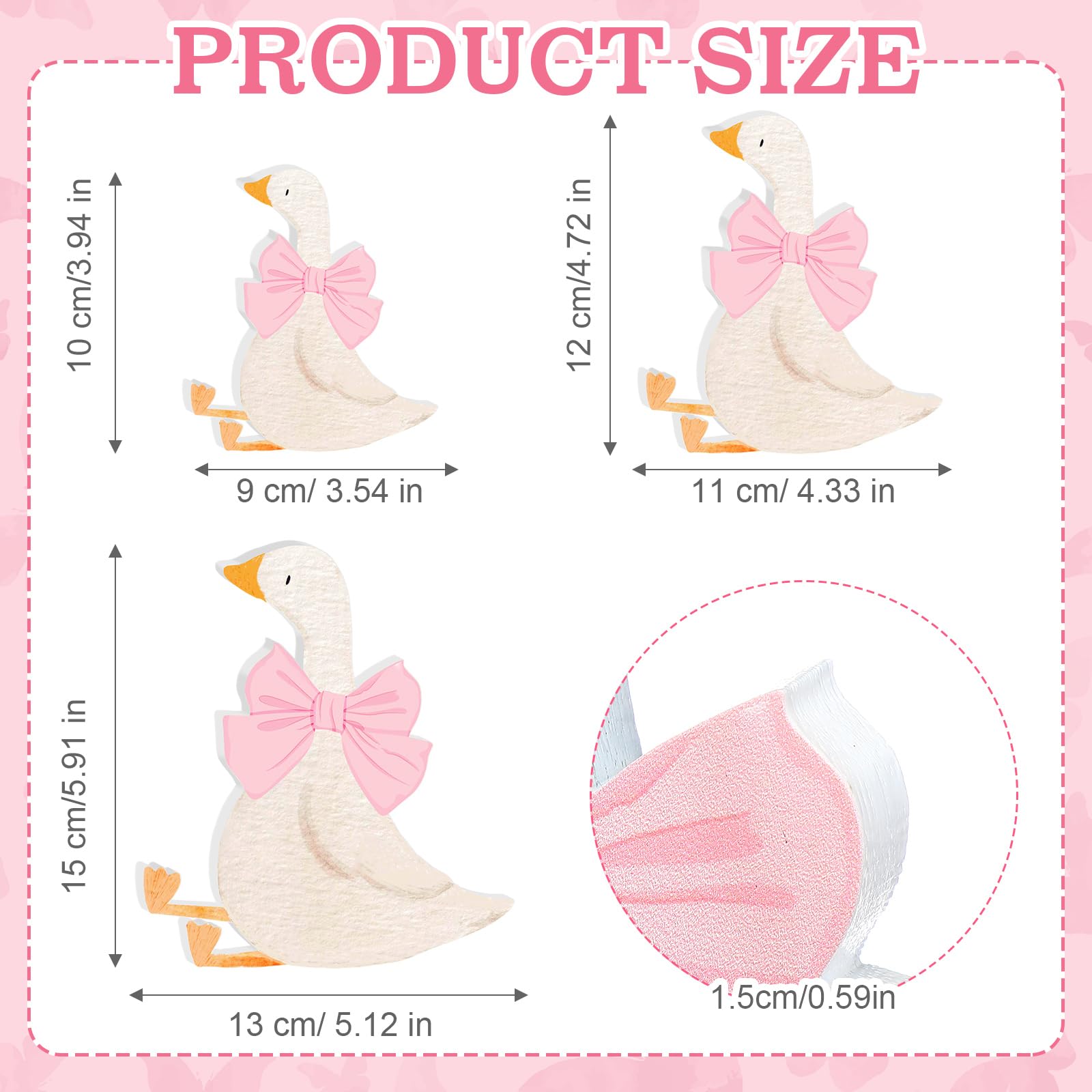 Lineshading 3-Piece Silly Goose Party Decor Set - Pink Bow Wooden Geese for Baby Shower, Birthday, Centerpiece, Desk Tray (5.9, 4.7, 3.9 Inches)
