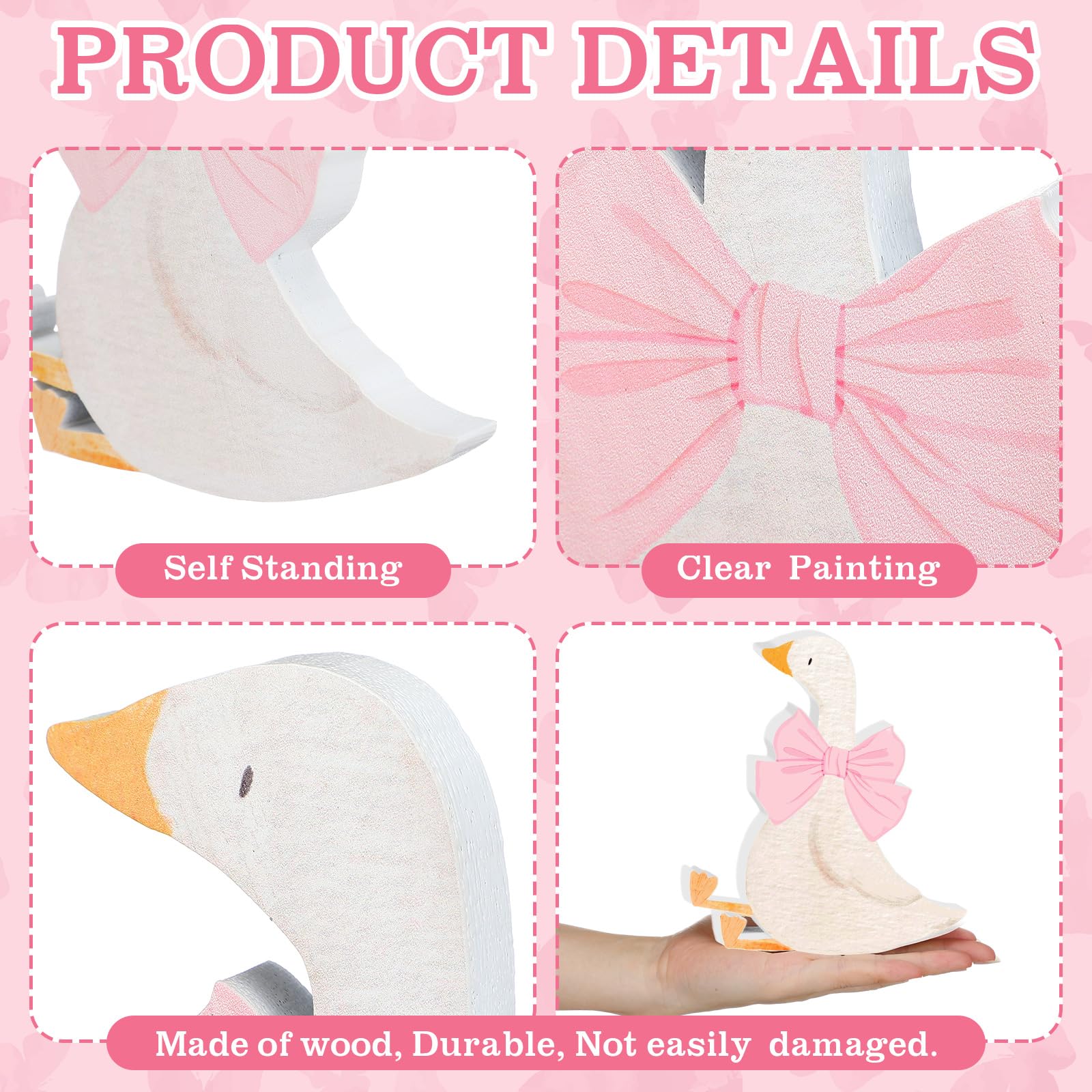 Lineshading 3-Piece Silly Goose Party Decor Set - Pink Bow Wooden Geese for Baby Shower, Birthday, Centerpiece, Desk Tray (5.9, 4.7, 3.9 Inches)