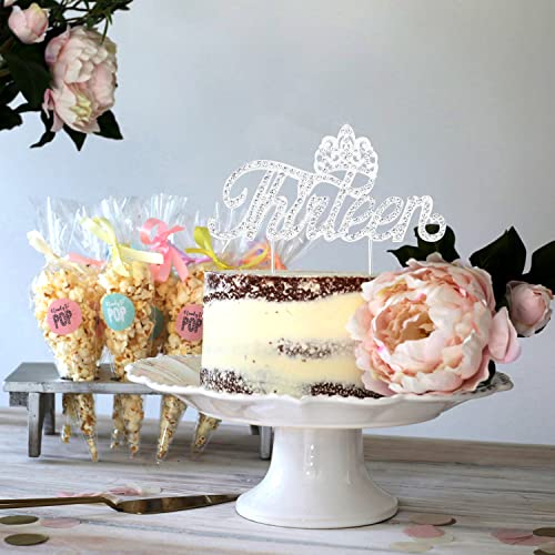 LINGTEER 13th Birthday Cake Topper with Rhinestone Crown - Silver Bling Keepsake