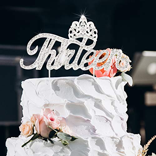 LINGTEER 13th Birthday Cake Topper with Rhinestone Crown - Silver Bling Keepsake