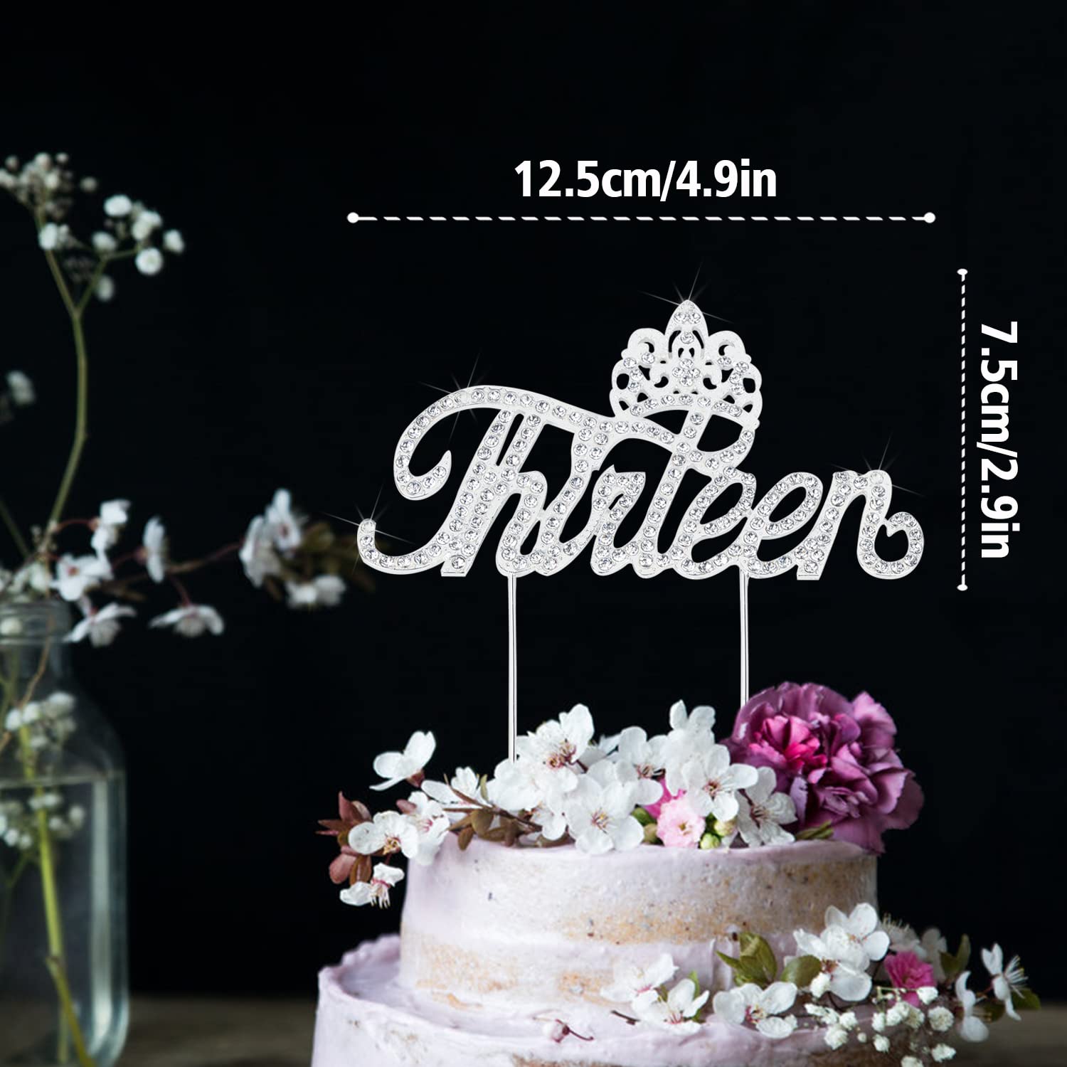LINGTEER 13th Birthday Cake Topper with Rhinestone Crown - Silver Bling Keepsake