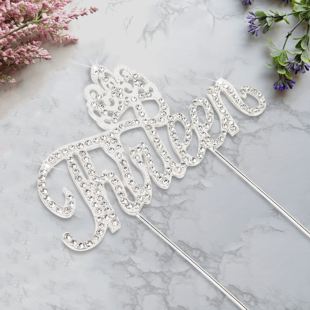 LINGTEER 13th Birthday Cake Topper with Rhinestone Crown - Silver Bling Keepsake