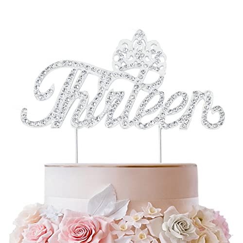 LINGTEER 13th Birthday Cake Topper with Rhinestone Crown - Silver Bling Keepsake