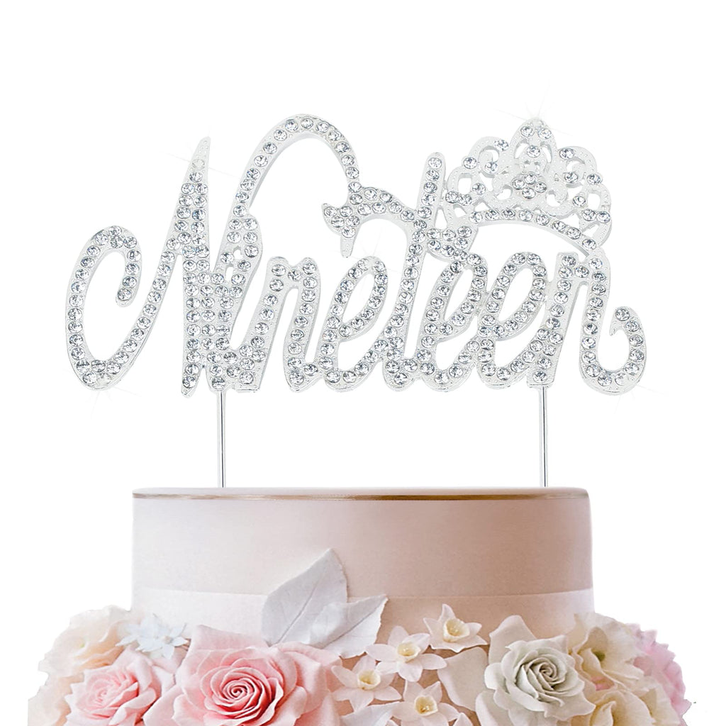 LINGTEER 19th Birthday Cake Topper with Crown Sign – Silver Rhinestone Bling for 6-9 Inch Cakes