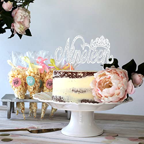 LINGTEER 19th Birthday Cake Topper with Crown Sign – Silver Rhinestone Bling for 6-9 Inch Cakes