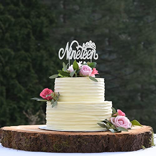 LINGTEER 19th Birthday Cake Topper with Crown Sign – Silver Rhinestone Bling for 6-9 Inch Cakes