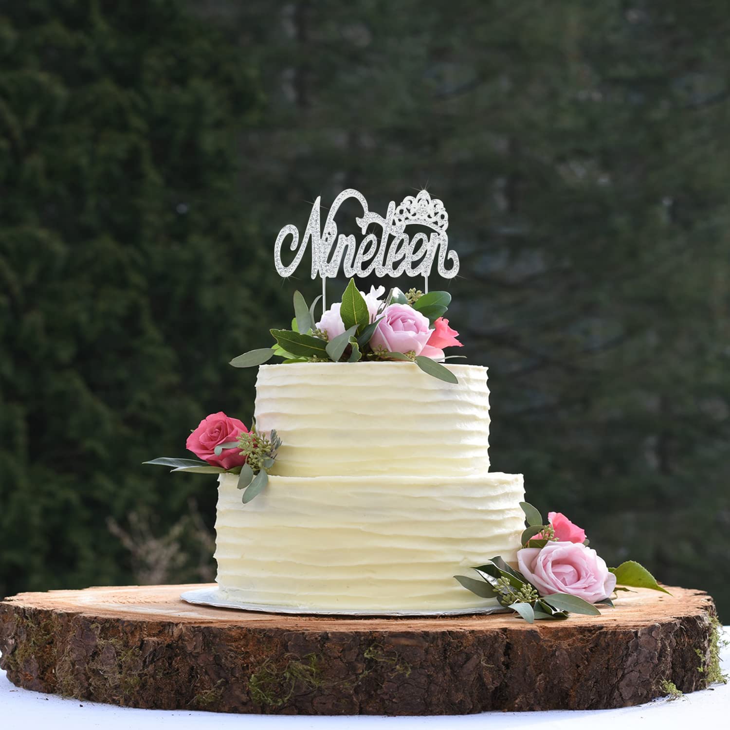 LINGTEER 19th Birthday Cake Topper with Crown Sign – Silver Rhinestone Bling for 6-9 Inch Cakes