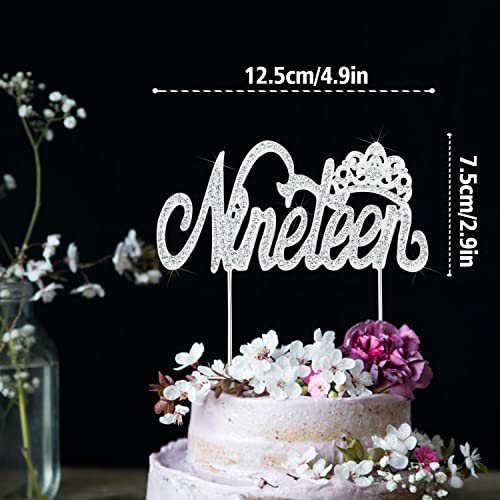 LINGTEER 19th Birthday Cake Topper with Crown Sign – Silver Rhinestone Bling for 6-9 Inch Cakes