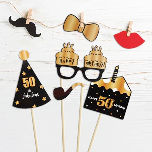 LINGTEER 35-Piece 50th Birthday Photo Booth Props Set – Black & Gold Party Decorations
