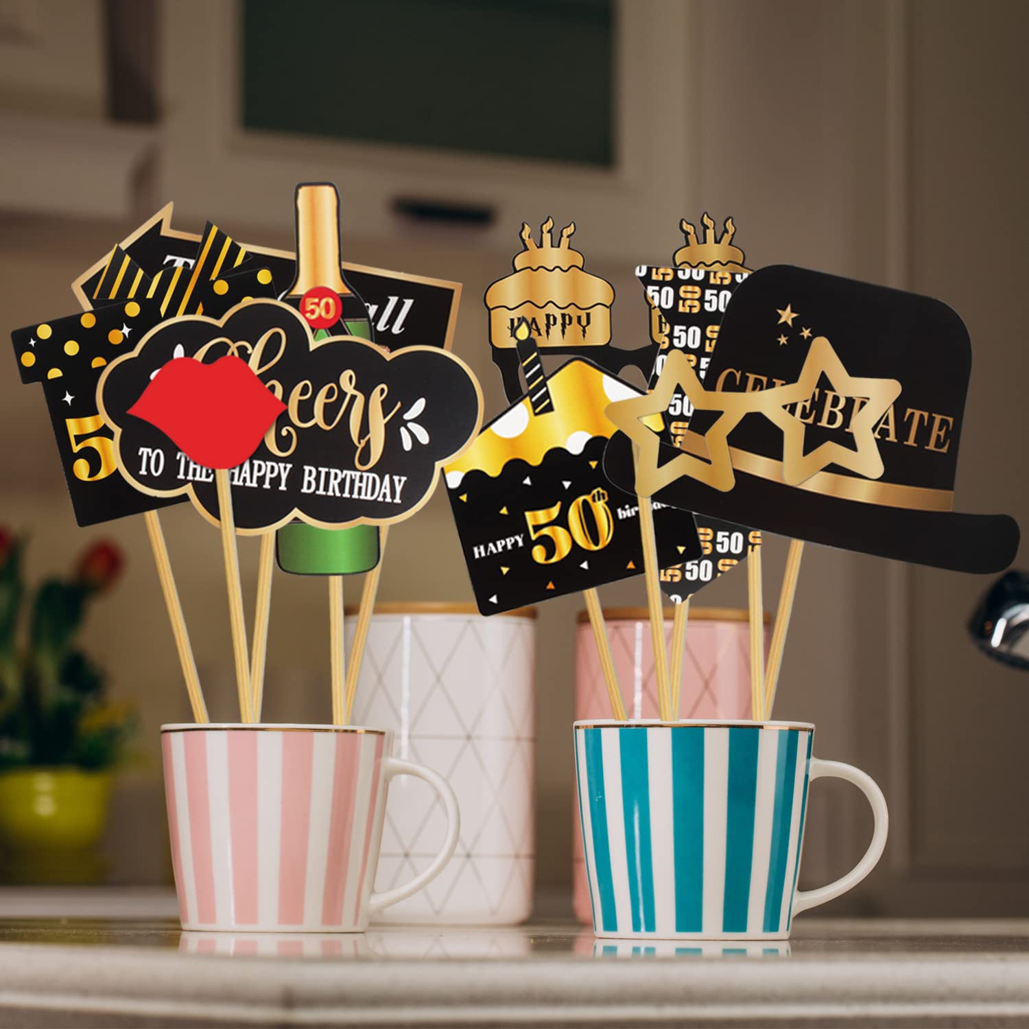 LINGTEER 35-Piece 50th Birthday Photo Booth Props Set – Black & Gold Party Decorations