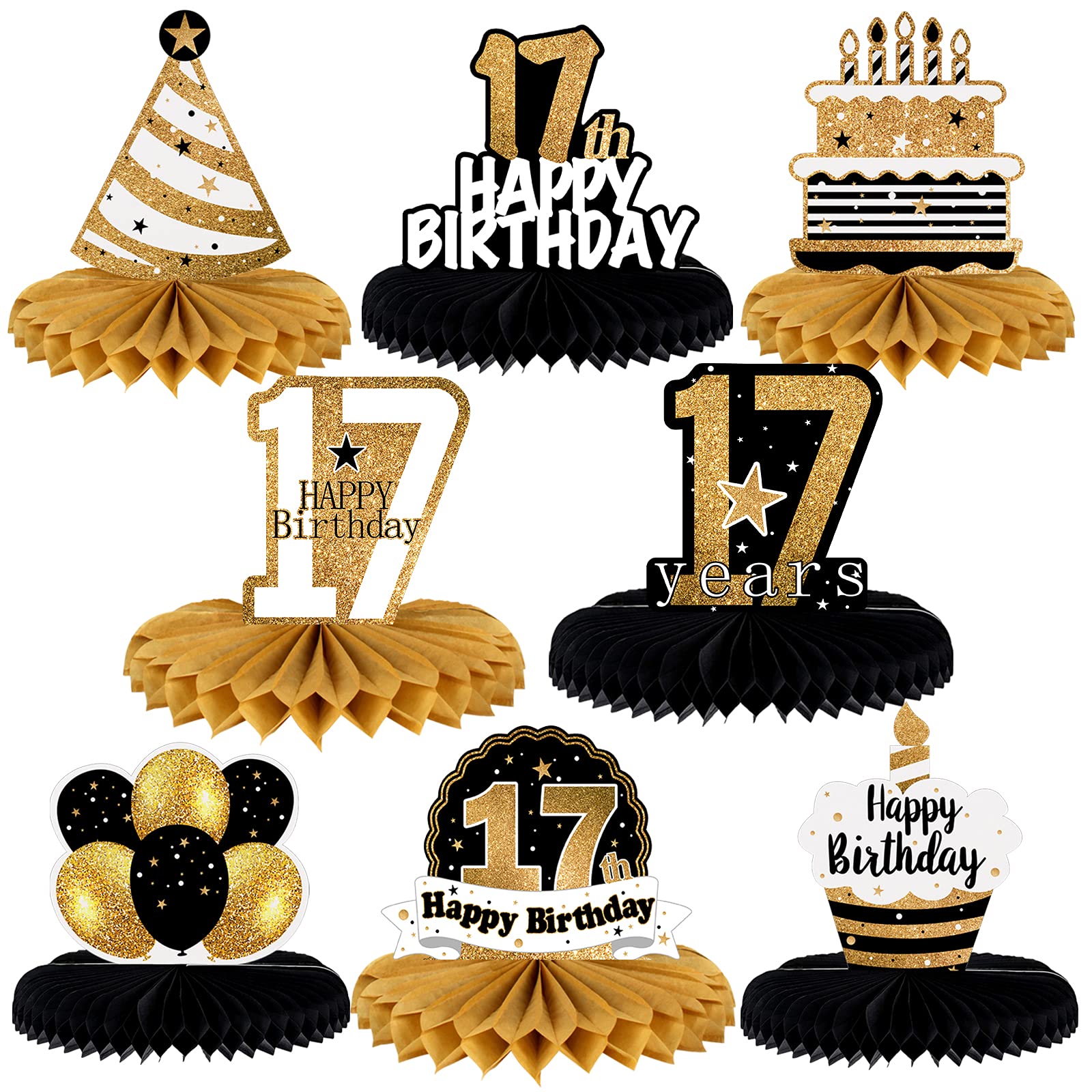 LINGTEER 8-Piece Gold Honeycomb Birthday Centerpieces for 17th Party Table Decor